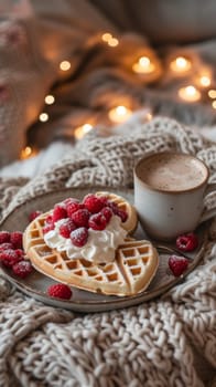 A plate of waffles with whipped cream and raspberries on a bed