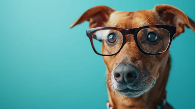 A dog wearing glasses and a collar with blue background