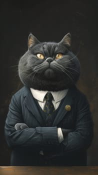 A cat in a suit and tie with arms crossed