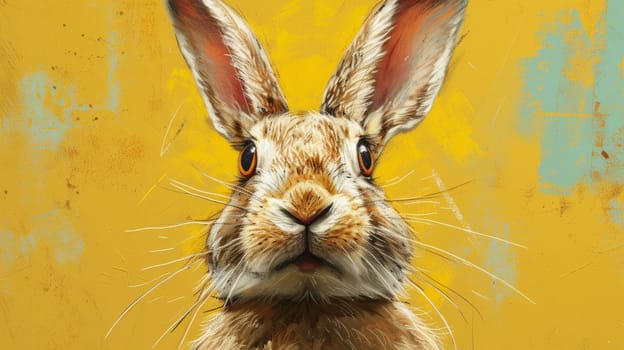 A close up of a rabbit with big ears and yellow background