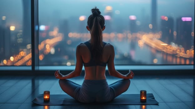 A woman sitting in a lotus position with candles lit