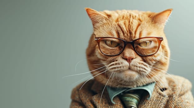 A cat wearing glasses and a suit with tie