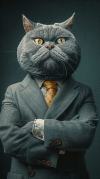 A gray cat wearing a suit and tie with arms crossed