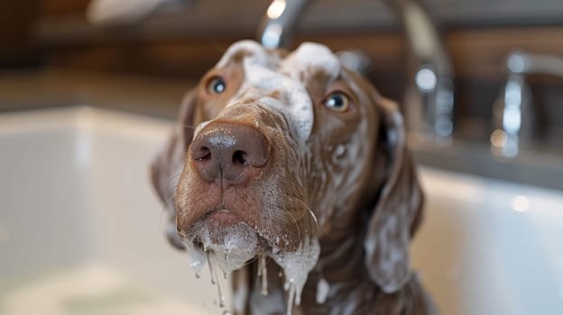 A dog with a wet face in the bathtub