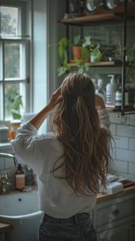 A woman in a kitchen with her hair up and looking out the window