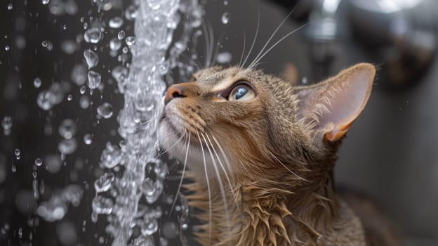 A cat drinking water from a shower head while looking up