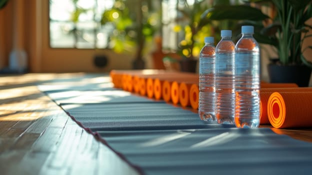 Two bottles of water sit on a mat next to yoga mats