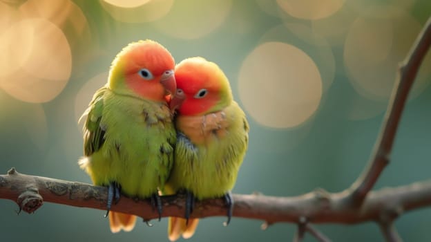 Two small birds are sitting on a branch with their heads touching