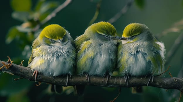 Three birds are sitting on a branch together with their heads touching