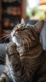 A cat sitting on a couch with its paw up in the air