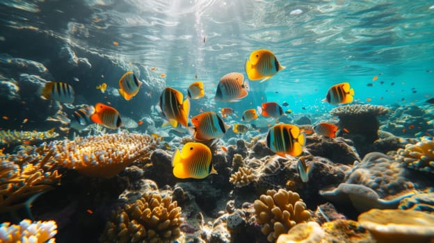 A group of fish swimming in the ocean near a coral reef