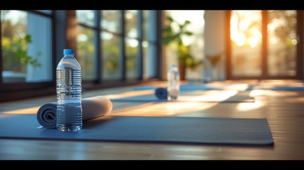 A row of yoga mats with water bottles on them in a room