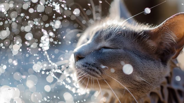 A close up of a cat with water droplets on its face