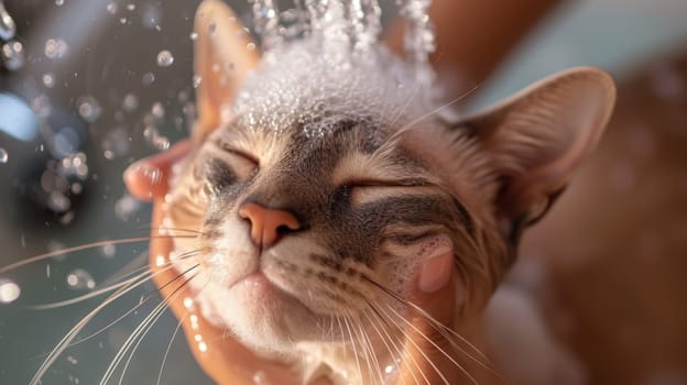 A cat being washed with a stream of water from the shower head