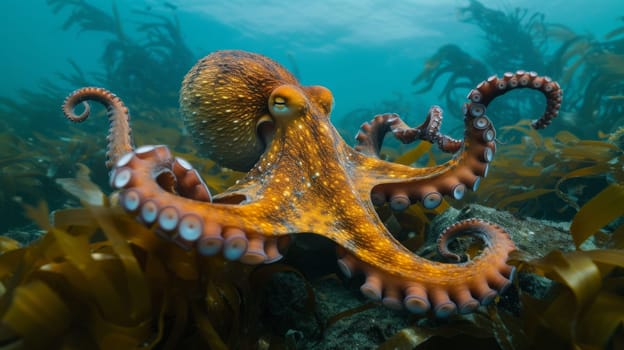 An octopus is swimming in the ocean with a bunch of seaweed