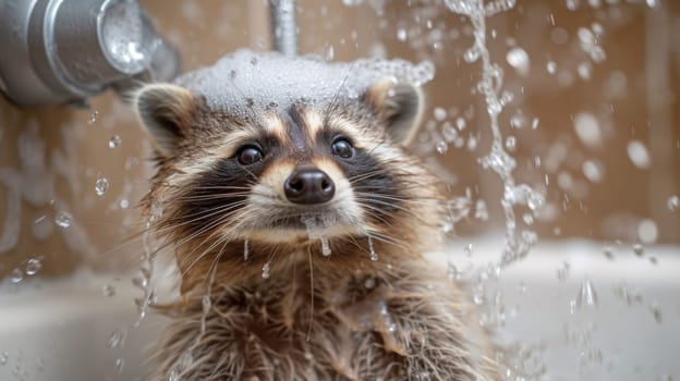 A raccoon sitting in a bathtub with water running over it