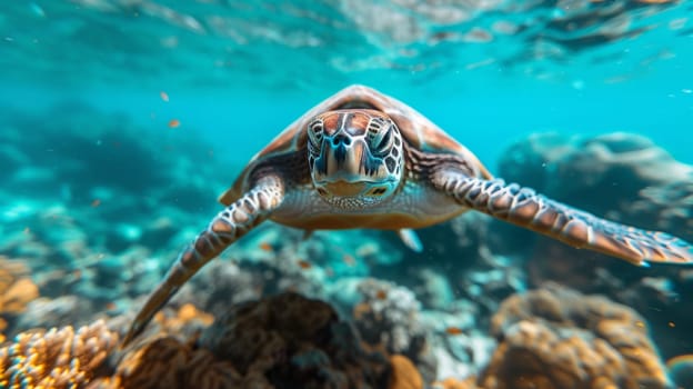 A turtle swimming over a coral reef with colorful fish