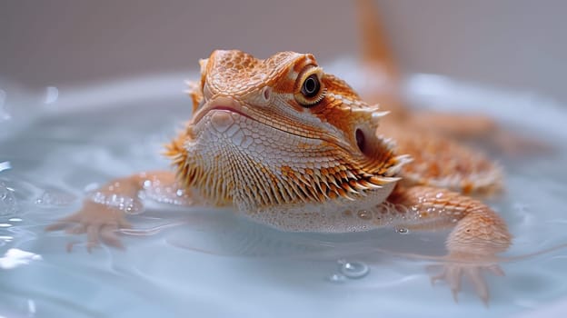 A bearded lizard is in a tub of water with bubbles