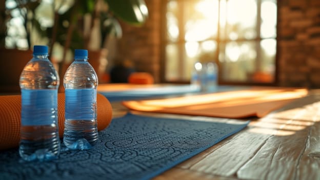 Two bottles of water sit on a yoga mat next to an orange