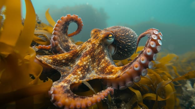 An octopus is swimming in the ocean with a bunch of seaweed