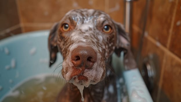 A dog is taking a bath in the sink with water