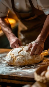 A man kneading bread on a wooden table with flour