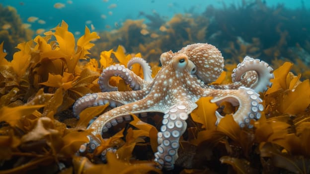 An octopus is swimming in a sea of seaweed and plants