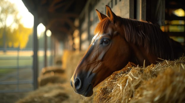 A horse is leaning over the hay bales in a stable