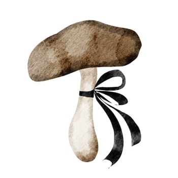 Mushroom watercolor hand drawing on white background isolate. Cartoon style illustration of a forest plant with a cute bow. For kitchen textile design and tag design for fresh food store. High quality photo