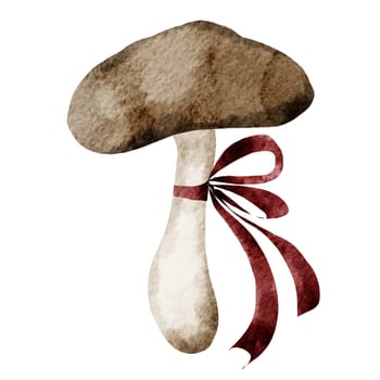 Mushroom watercolor hand drawing on white background isolate. Cartoon style illustration of a forest plant with a cute bow. For kitchen textile design and tag design for fresh food store. High quality photo