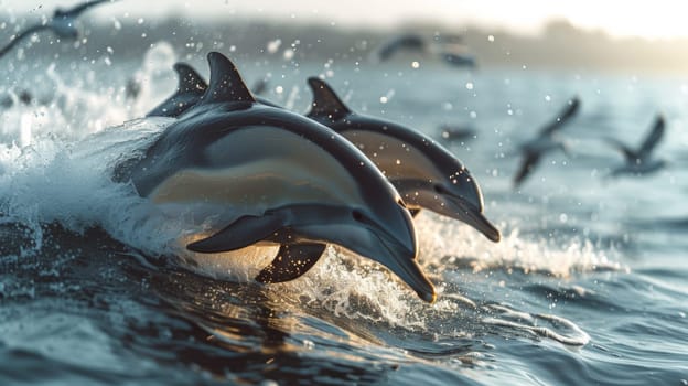 Two dolphins are swimming in the ocean with birds flying above