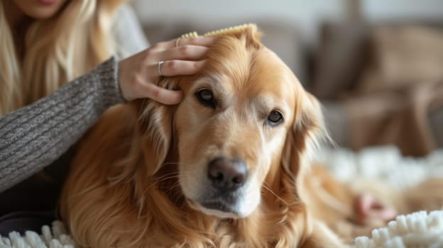 A woman brushing a dog's fur with an electric brush