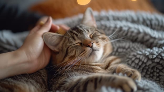 A person petting a cat with their hand on top of it