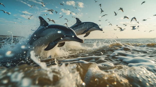 Two dolphins swimming in the ocean with birds flying around them