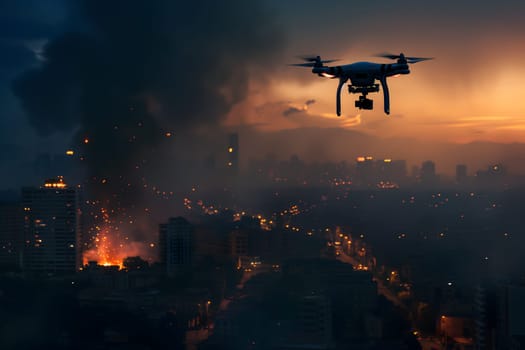 Copter drone over burning city. Neural network generated image. Not based on any actual scene or pattern.