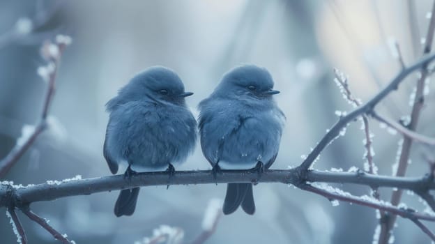 Two small birds sitting on a branch with frosted leaves