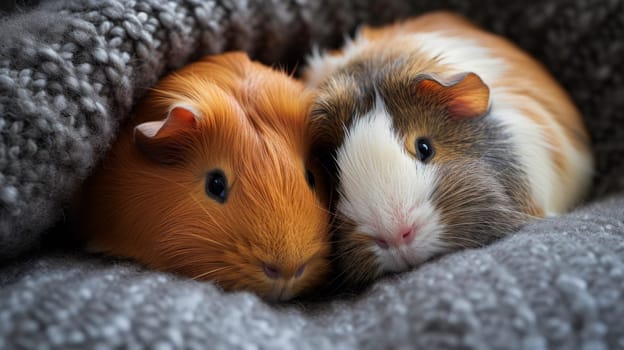 Two guinea pigs are curled up together on a blanket