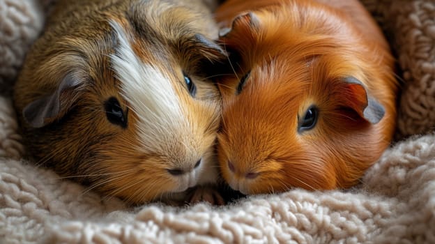 Two small guinea pigs are laying together on a blanket