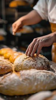 A person is preparing bread in a bakery with flour and sugar