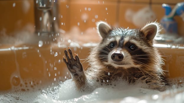 A raccoon in a bathtub with its paw up and waving