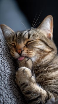 A cat laying on a couch with its tongue out