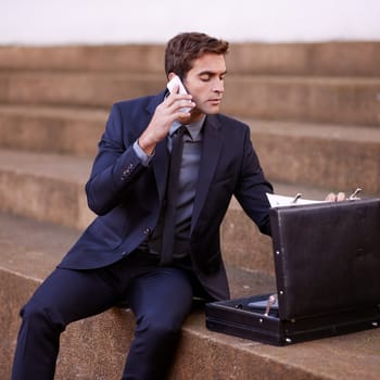 Phone call, briefcase and business man in city for Corporate, communication and contact. Networking, technology and conversation with male employee outdoors for feedback, planning and chat with paper.