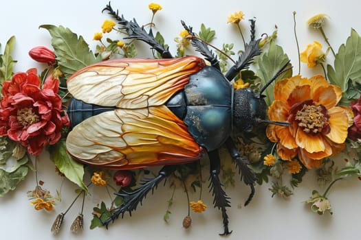 A close up of a bug sitting on top of some flowers