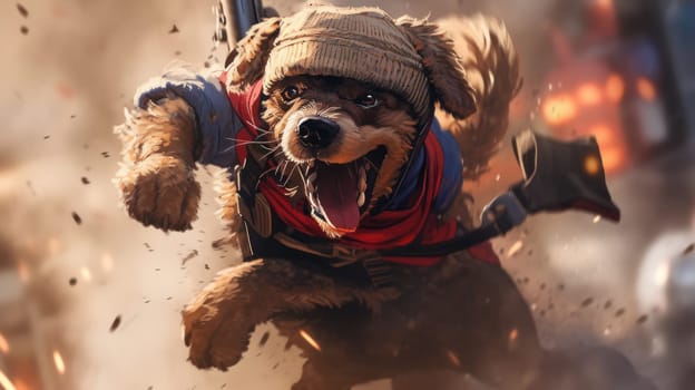 A dog with a hat and scarf on is running through the air