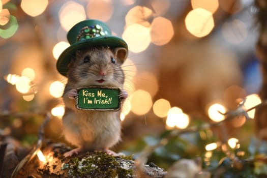 A small mouse wearing a green hat and holding up a sign