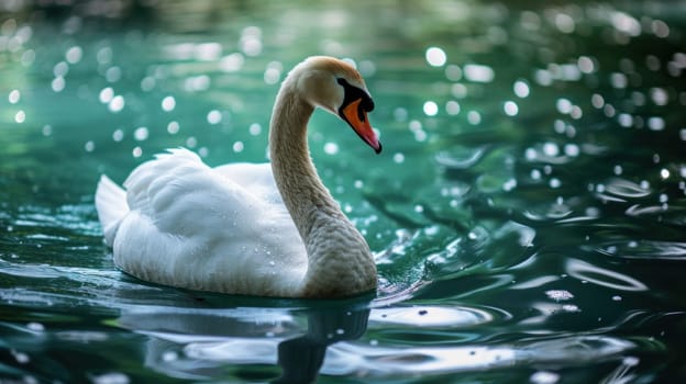 A swan swimming in a pond with bubbles around it