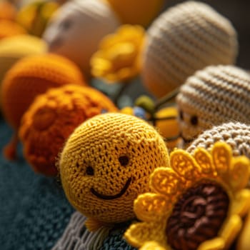 A group of crocheted items are arranged in a row