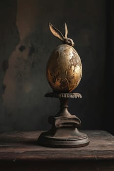 A golden egg with a rabbit sitting on top of it