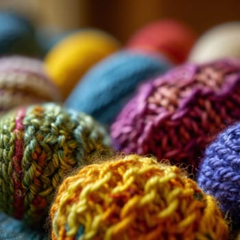 A close up of a bunch of colorful yarn balls on top of each other