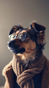 A dog wearing glasses and a scarf with his head down
